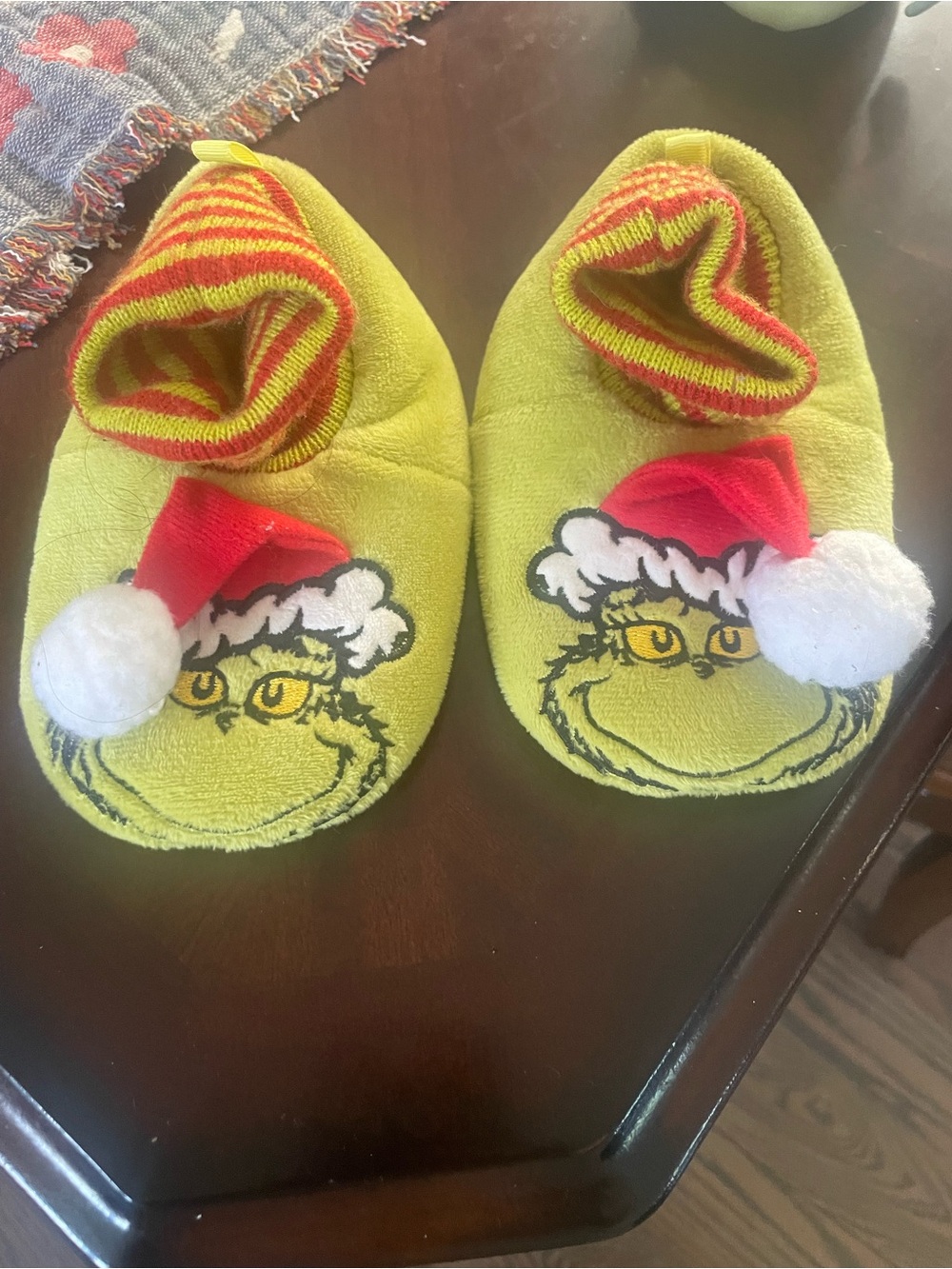 Kids Grinch Green Holiday Slippers with Red Accents